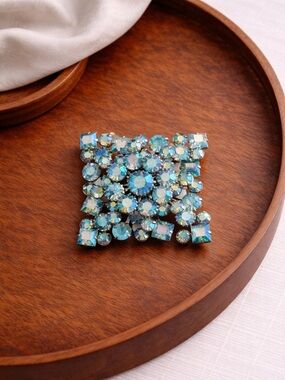 Vintage Signed TRIAD Blue Rhinestone Brooch AB Crystal Cluster Mid Century